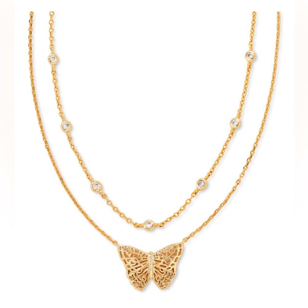 Kendra Scott Crystal & Filigree Butterfly Layered Pendant Necklace (Gold)